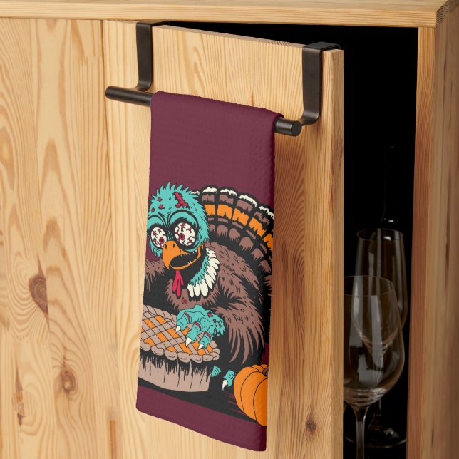 Zombie Turkey Wants Pumpkin Pie Tea Towel (Thirds Fold)