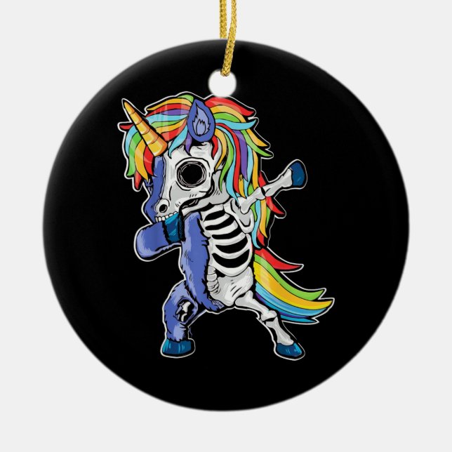 Zombie Unicorn Dabbing Skeleton Ceramic Ornament (Front)