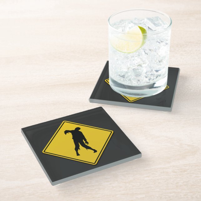 Zombie Warning Halloween Glass Coaster (Angled)