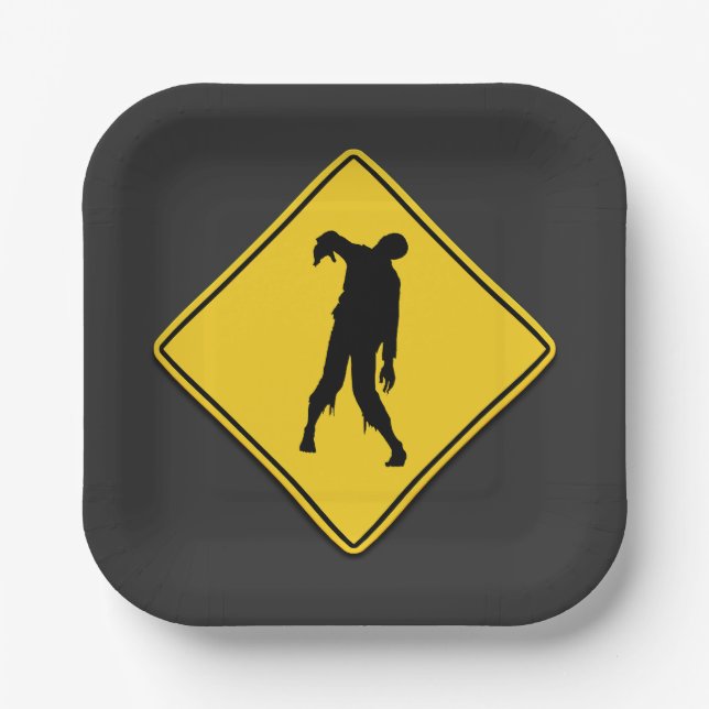 Zombie Warning Halloween Paper Plate (Front)