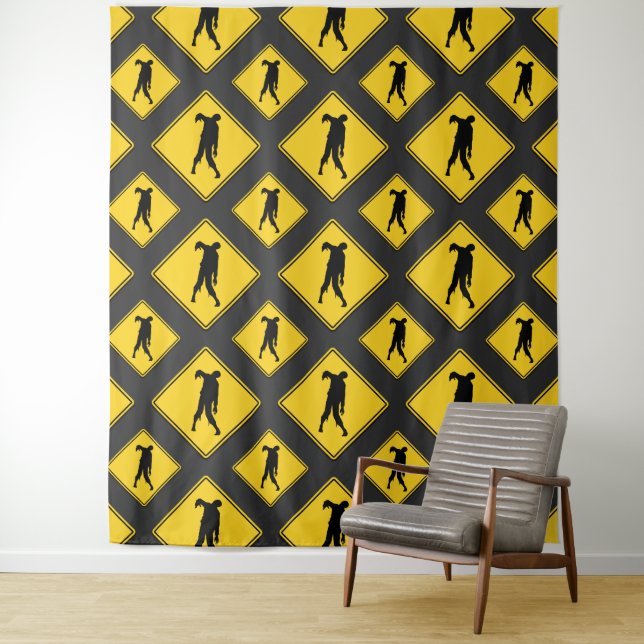 Zombie Warning Halloween Photo Backdrop Tapestry (In Situ)