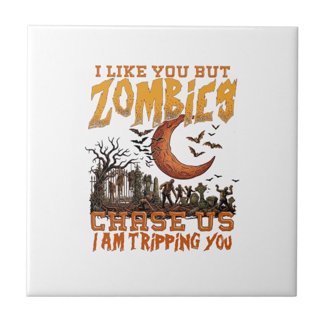 Zombies Chase Us Halloween Graveyard Crescent Moon Ceramic Tile (Front)