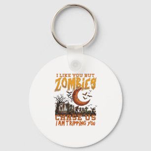 Zombies Chase Us Halloween Graveyard Crescent Moon Key Ring