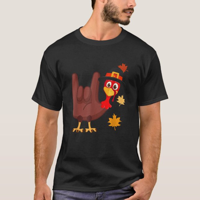 Zone 365 Thanksgiving ASL Funny Turkey Unisex Adul T-Shirt (Front)