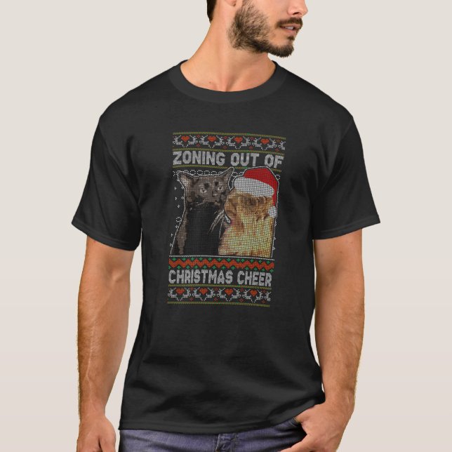 Zoning Out Of Christmas Cheer Cat Staring Christma T-Shirt (Front)