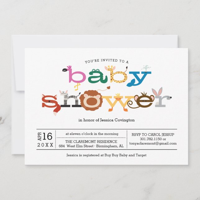 Zoo Animal Theme Baby Shower Invitation (Front)