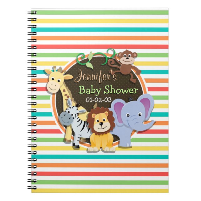 Zoo Animals Baby Shower, Bright Rainbow Stripes Notebook (Front)