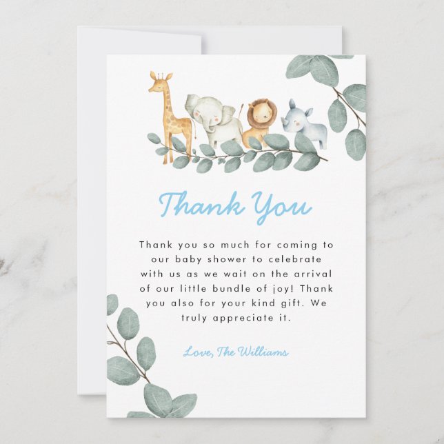 Zoo Animals Boy Baby Shower Thank You Card (Front)
