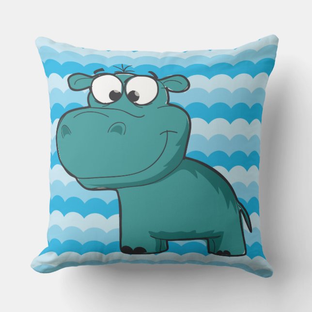 Zoo Animals Cartoon Blue Hippo Hippopotamus Outdoor Cushion (Front)