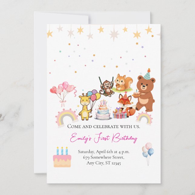 Zoo animals cute first birthday invitation (Front)