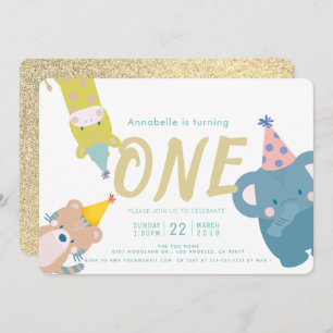 Zoo Animals Elephant Gold Glitter 1st Birthday Invitation