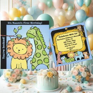 Zoo Animals Giraffe Lion Birthday Custom Invites