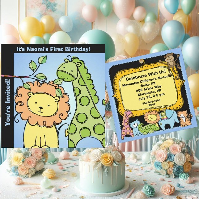 Zoo Animals Giraffe Lion Birthday Custom Invites (Creator Uploaded)