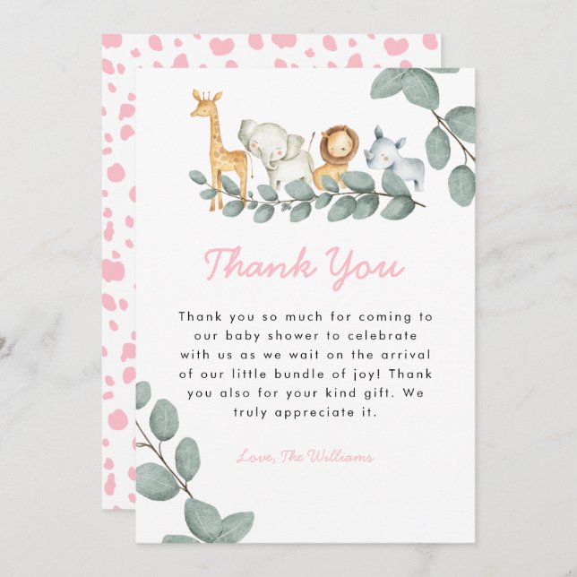 Zoo Animals Girl Baby Shower Thank You Card (Front/Back)