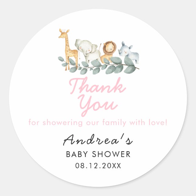 Zoo Animals Girl Baby Shower Thank You Classic Round Sticker (Front)
