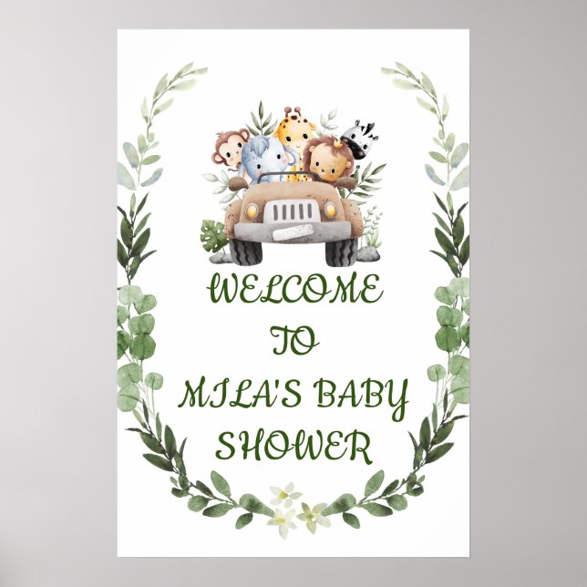 Zoo animals greenery boy baby shower  poster (Front)