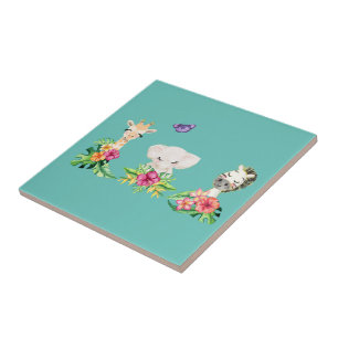 Zoo Babies With Flowers Ceramic Tile