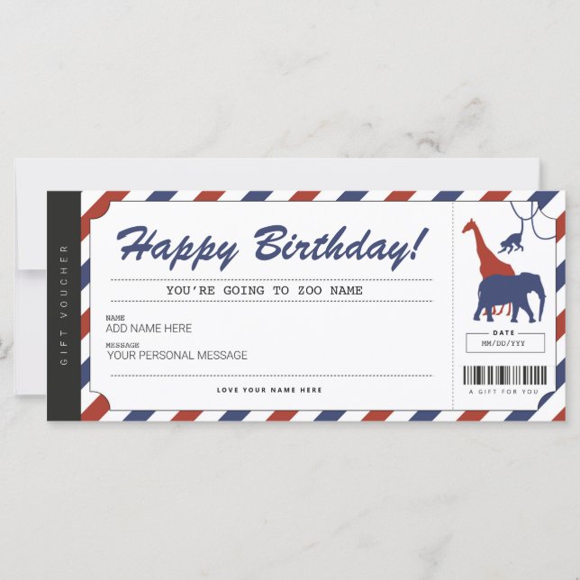 Zoo Birthday Gift Ticket Voucher Certificate (Front)