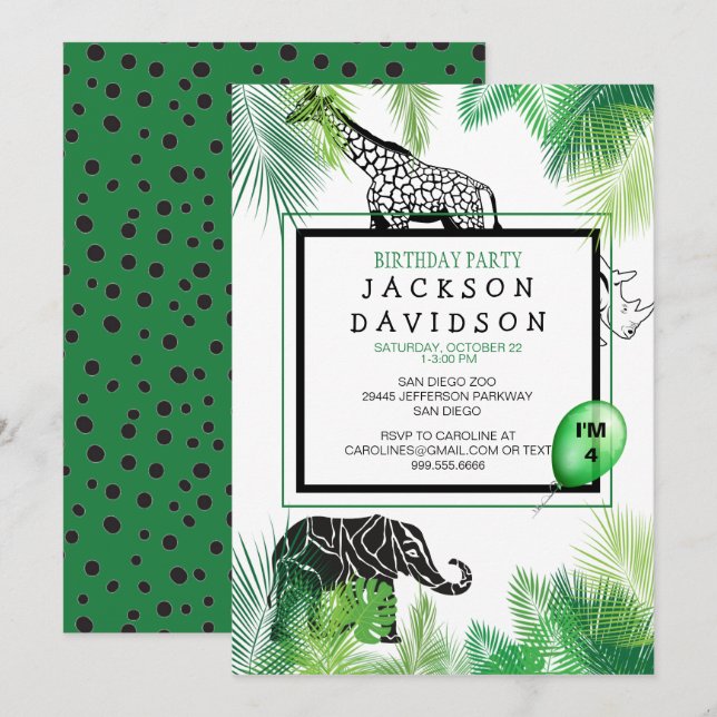 Zoo Boy's Birthday Party Foliage Giraffe Elephant Invitation (Front/Back)