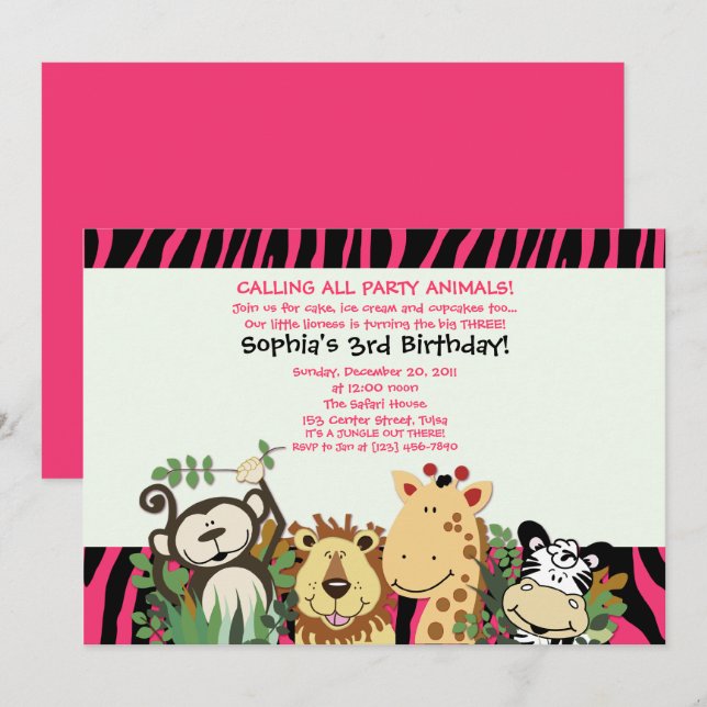 ZOO CREW 5x7 Trendy Zebra Stripe Jungle Party Invitation (Front/Back)