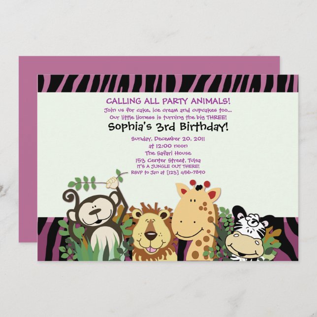 ZOO CREW 5x7 Trendy Zebra Stripe Jungle Party Invitation (Front/Back)