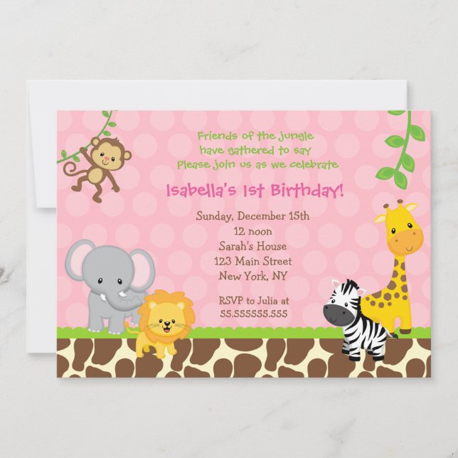 Zoo Jungle Safari Birthday Party Invitations Girl (Front)