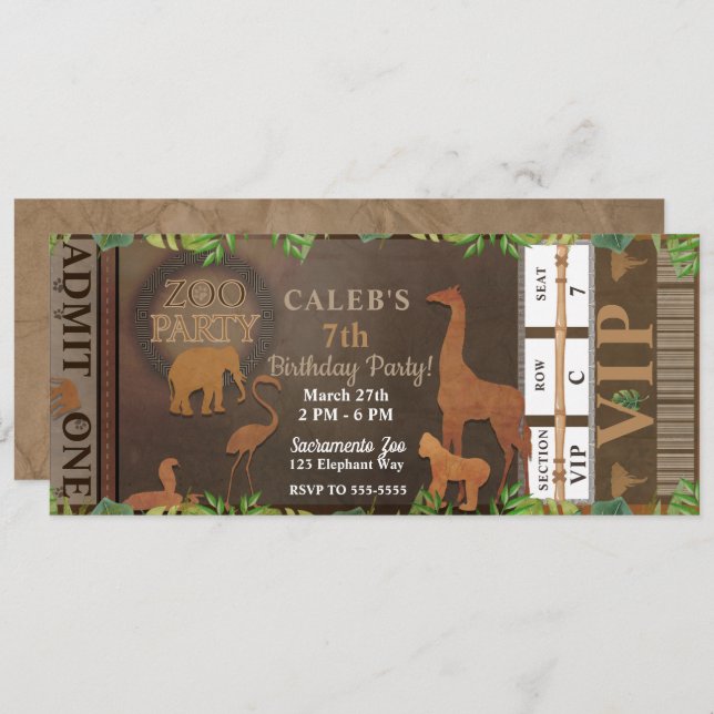 ZOO PARTY Brown Animals Birthday Party Ticket Invitation (Front/Back)