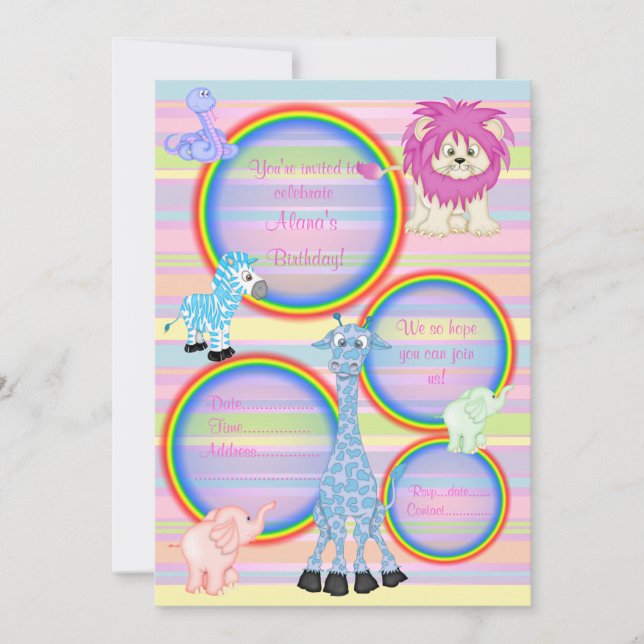 ZOO RAINBOW PARTY INVITATION PINK stripe (Front)