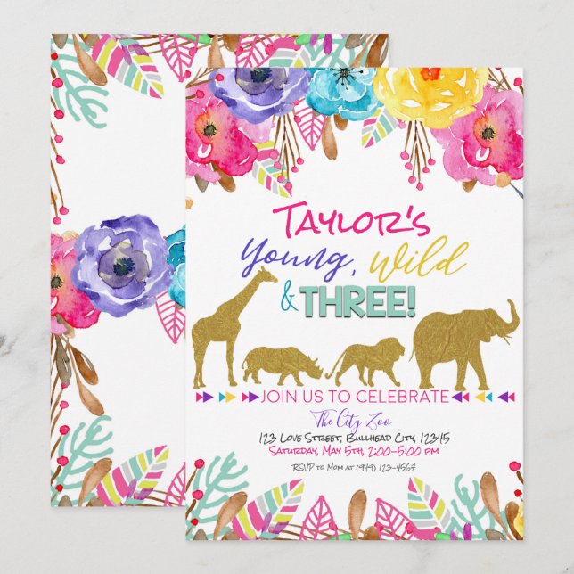 Zoo Young Wild & Three Girls Safari 3rd Birthday Invitation (Front/Back)