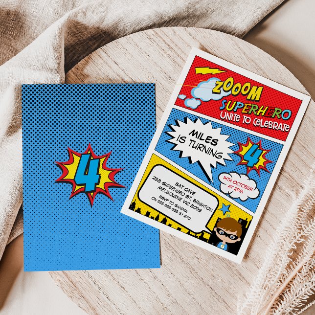Zoom Comic Superhero 4th Birthday Invitation (Boys Superhero 4th Birthday Invitation, Comic Superhero Fourth Birthday Invitation Brown Hair Hero)