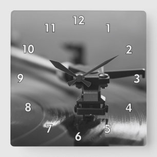 Zoom Shot of an Album Playing on a Record Player Square Wall Clock