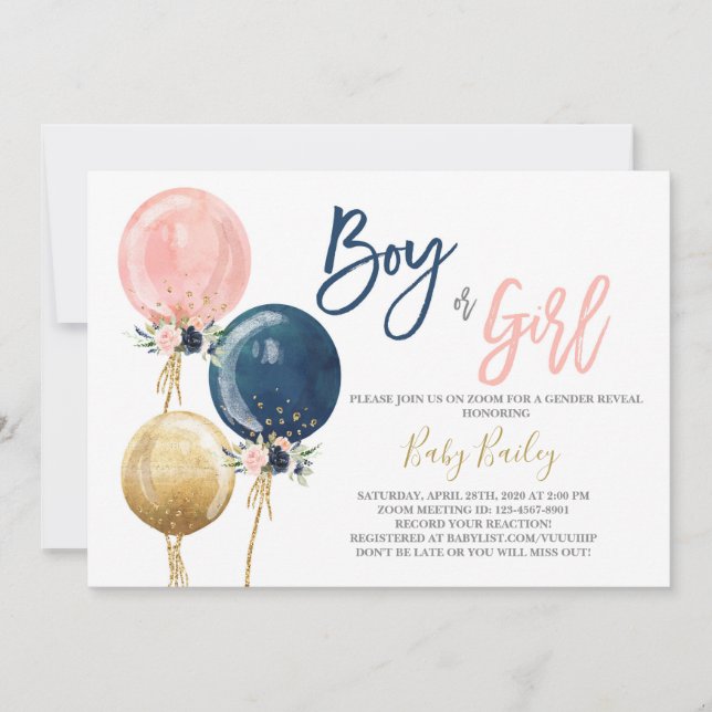 Zoom virtual Gender reveal party Invitation (Front)