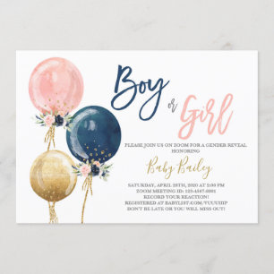 Zoom virtual Gender reveal party Invitation