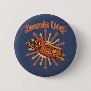 Zoomie Dog Flying Hot Dog Cartoon – Fun Retro 6 Cm Round Badge