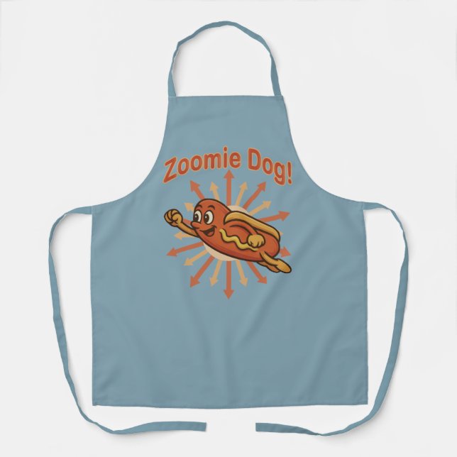 Zoomie Dog Flying Hot Dog Cartoon – Fun Retro Apron (Front)