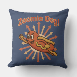 Zoomie Dog Flying Hot Dog Cartoon – Fun Retro Cushion