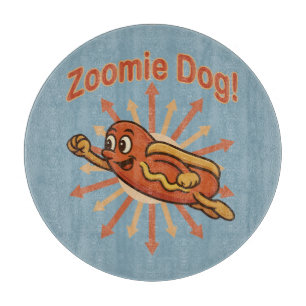 Zoomie Dog Flying Hot Dog Cartoon – Fun Retro Cutting Board