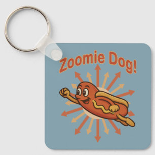 Zoomie Dog Flying Hot Dog Cartoon – Fun Retro Key Ring