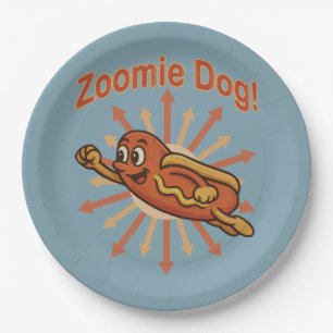 Zoomie Dog Flying Hot Dog Cartoon – Fun Retro Paper Plate