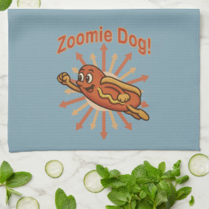Zoomie Dog Flying Hot Dog Cartoon – Fun Retro Tea Towel