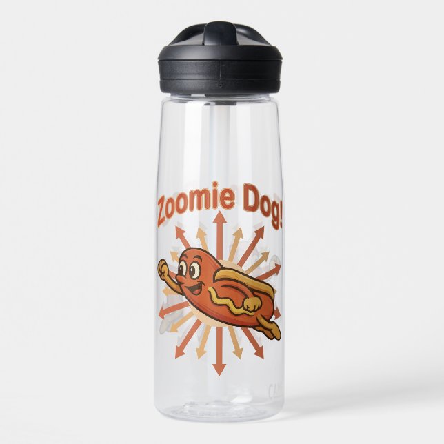 Zoomie Dog Flying Hot Dog Cartoon – Fun Retro Water Bottle (Front)