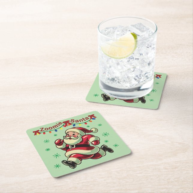Zoomie Santa Christmas Square Paper Coaster (Insitu)