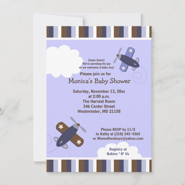 Zooming Aeroplane Invitation Brown and Navy (Front)
