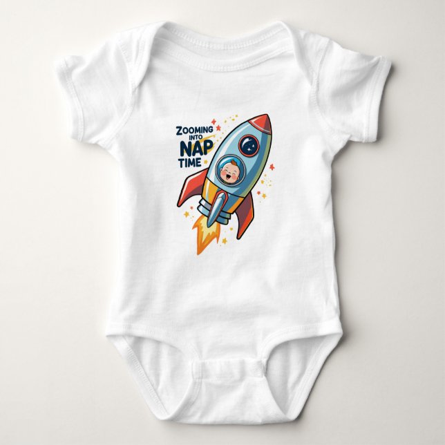Zooming Into Nap Time – Cute Rocket Ship Baby Bodysuit (Front)