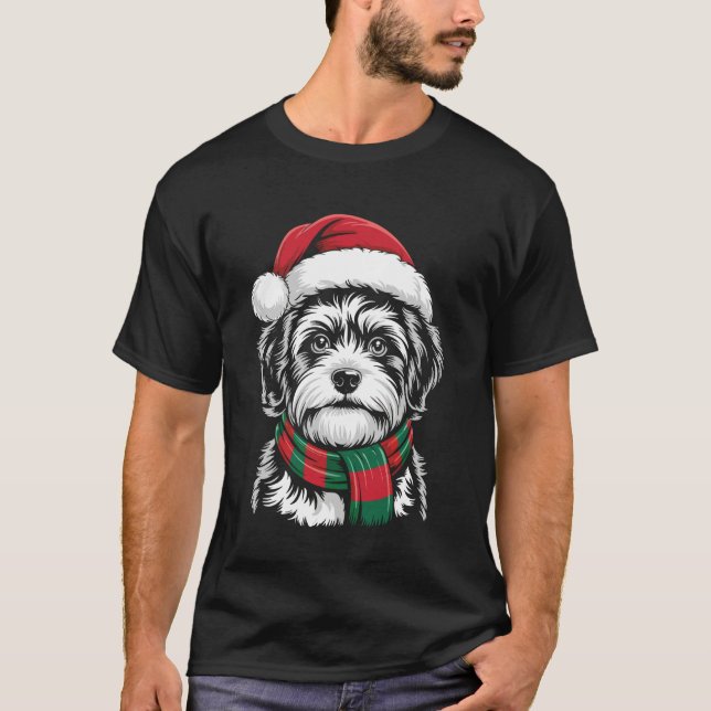 Zuchon Dog Xmas Santa Hat Scarf Christmas Costume T-Shirt (Front)