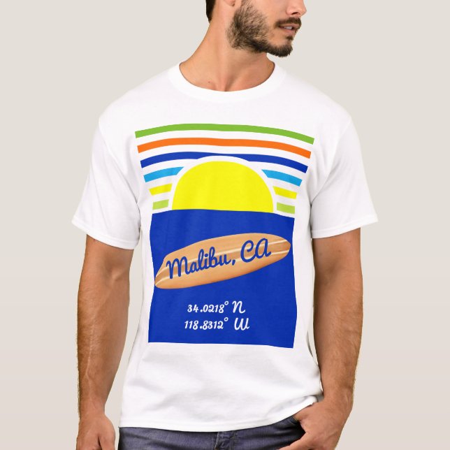 Zuma Beach Malibu Ca Summer Stripes Surfboard T-Shirt (Front)