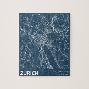 Zurich Minimalist City Map Line Art in Blue Jigsaw Puzzle