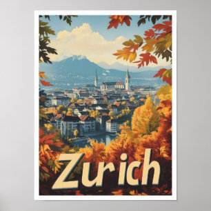 Zurich Switzerland Art Vintage Travel Illustration Poster