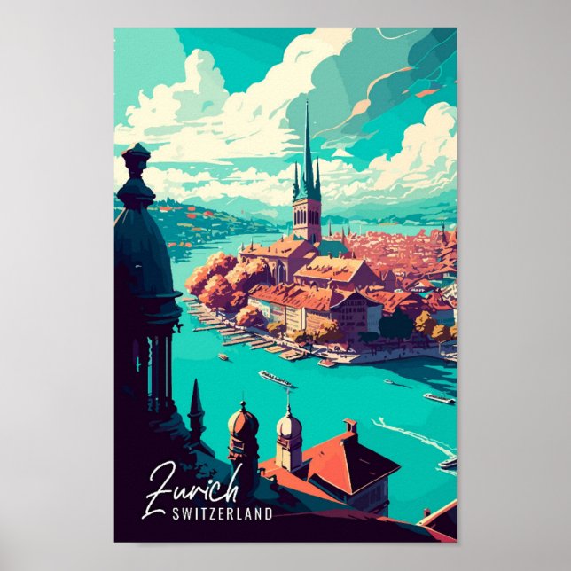 Zurich Switzerland Art vintage travel illustration Poster (Front)