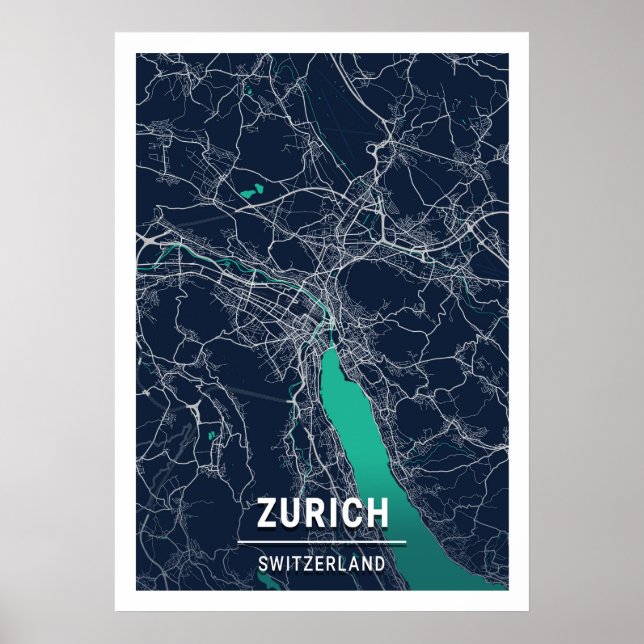 Zurich - Switzerland Blue Dark City Map Poster (Front)